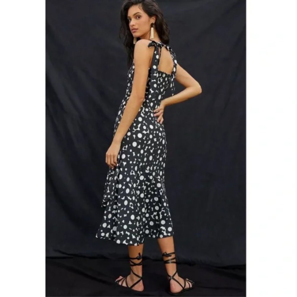 Anthropologie Hutch Flounced Shoulder-Tie Midi Dress Black White Women’s Medium